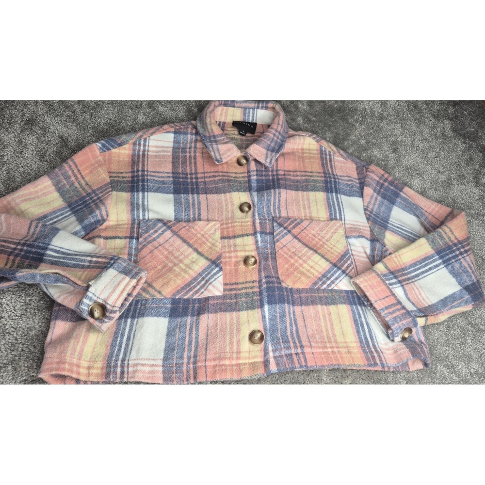 Timings Womens Pink Blue Plaid Fleece Jacket Short Size Medium